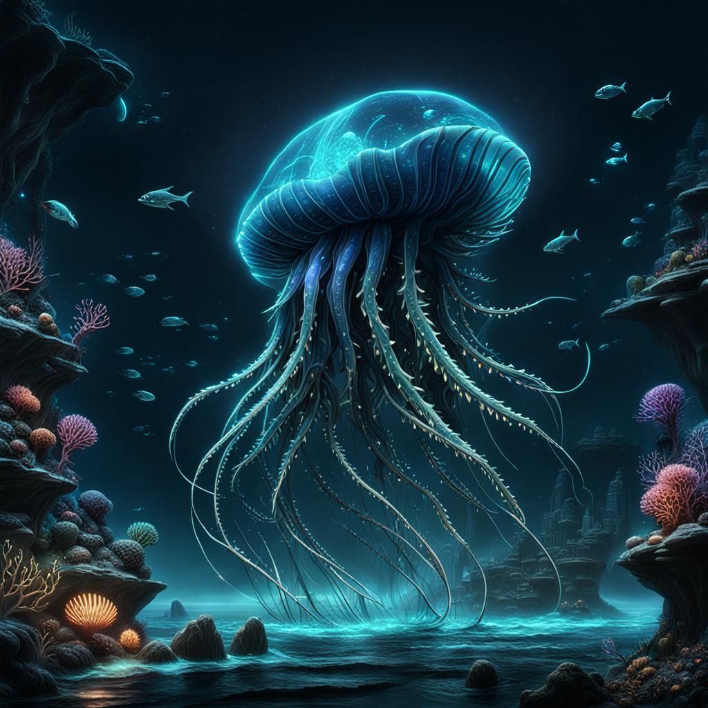 Bioluminescent Ocean Creatures in a Fantasy Matte Painting