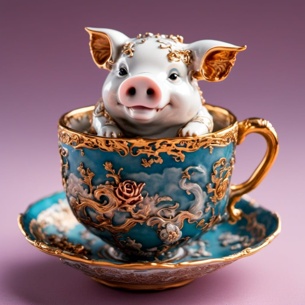 Chinoiserie Piglet in Steampunk Teacup