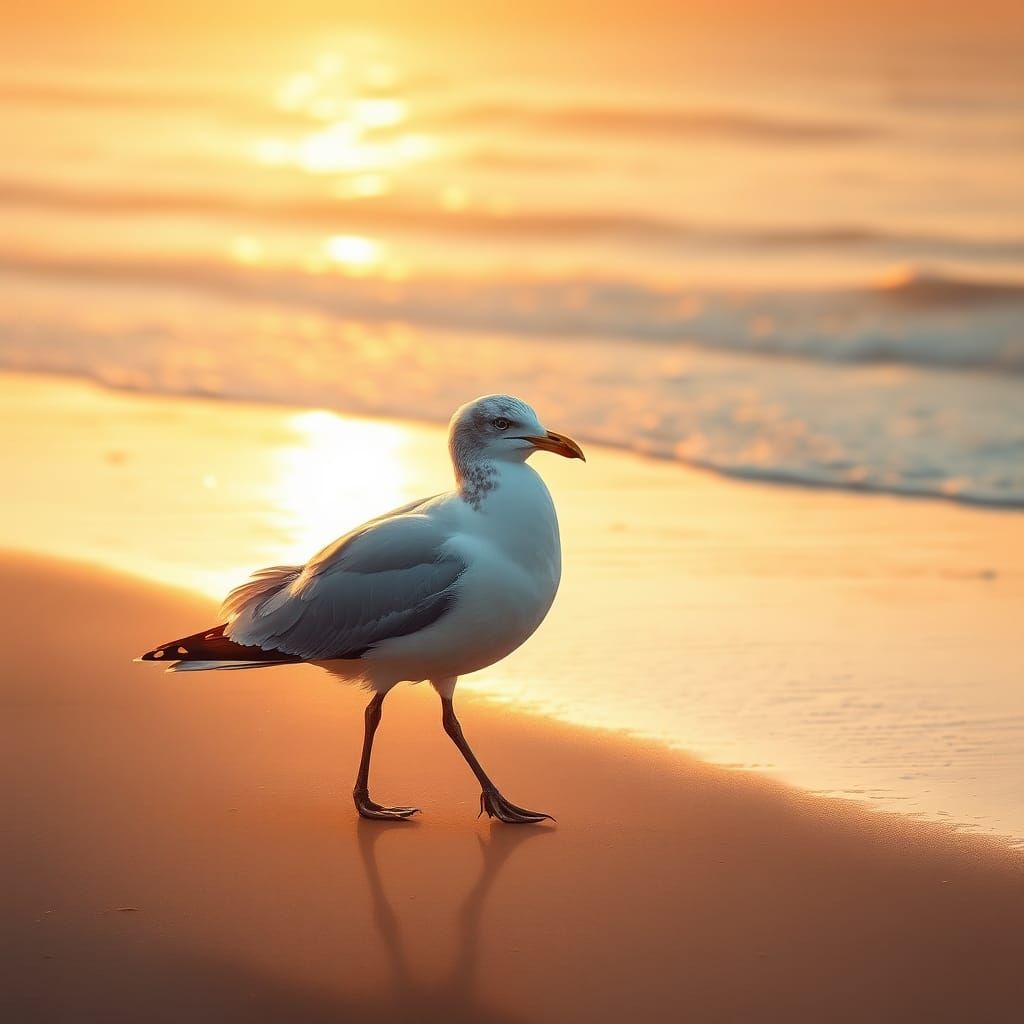 Seagull Walks Alone on Beach at Sunrise