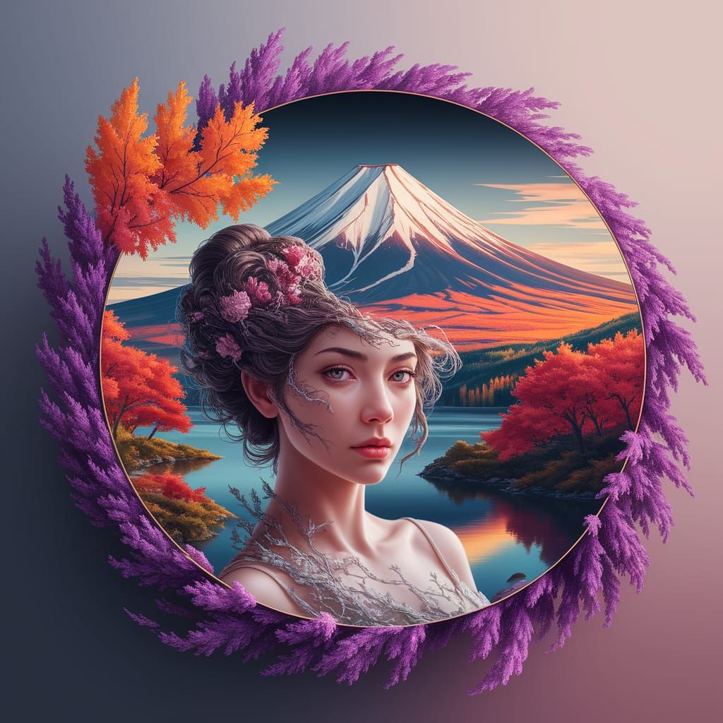 Woman Merges with Mount Fuji in Vibrant Fantasy Art