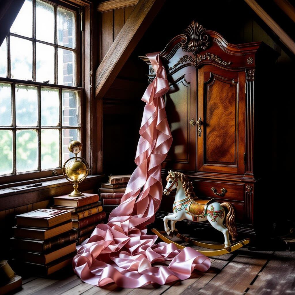 Victorian Attic with Ribbons and Forgotten Heirlooms