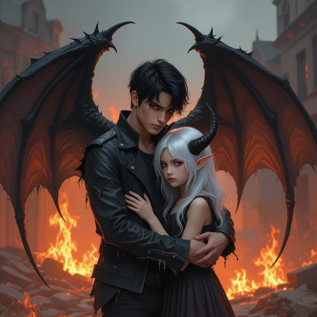 Dramatic Dark Fantasy Couple in Burning Building