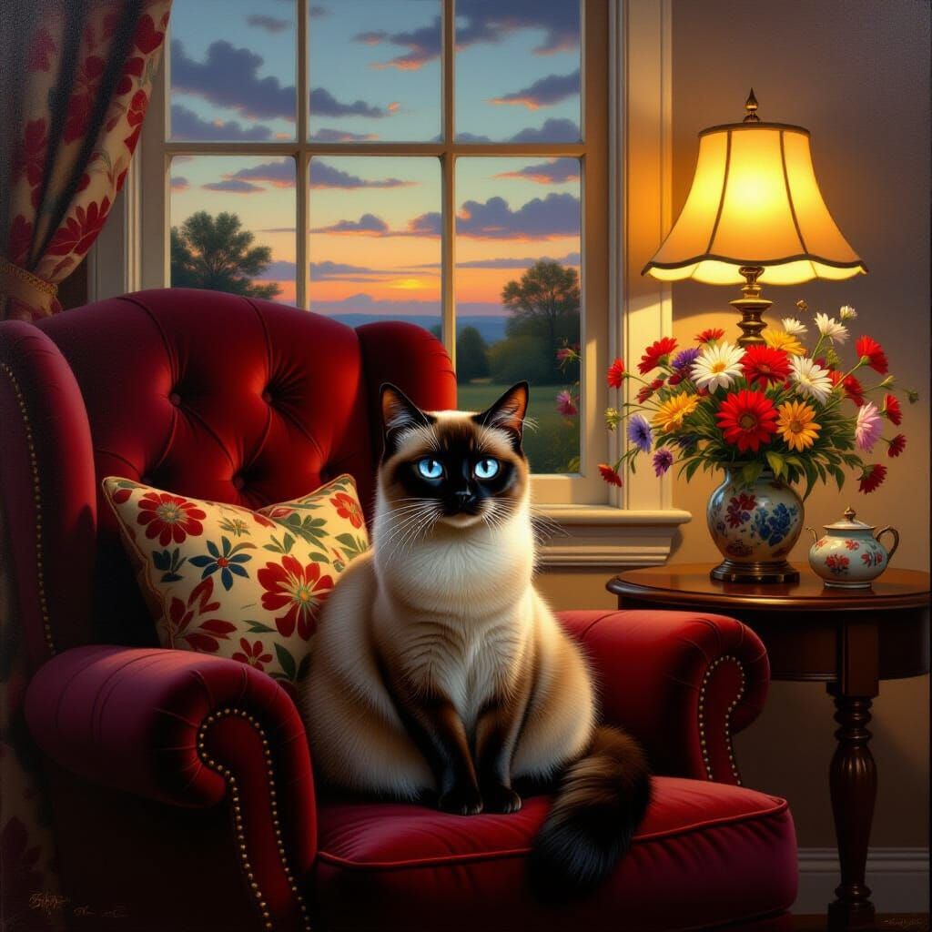 Siamese Cat in Red Recliner, Vermeer Inspired Oil Painting