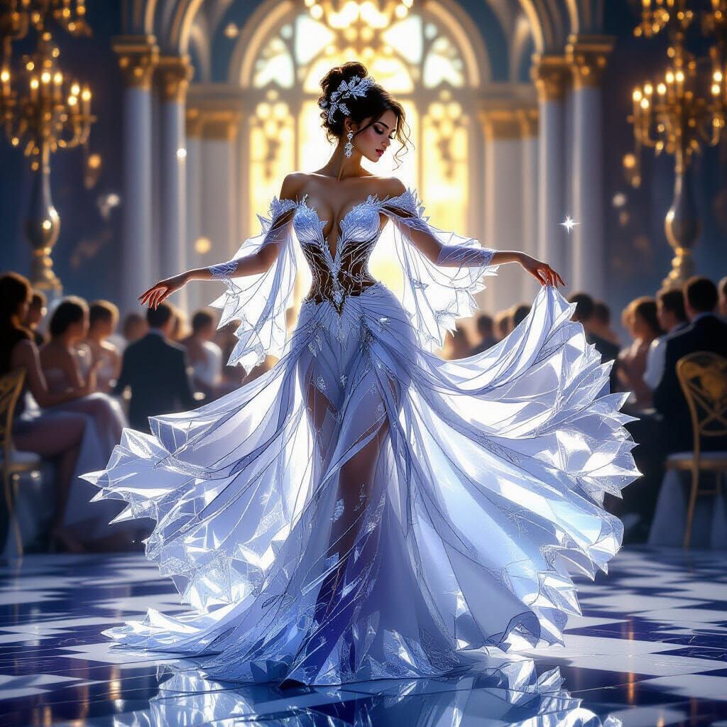 Woman in Crystal Gown Dancing at Grand Ball
