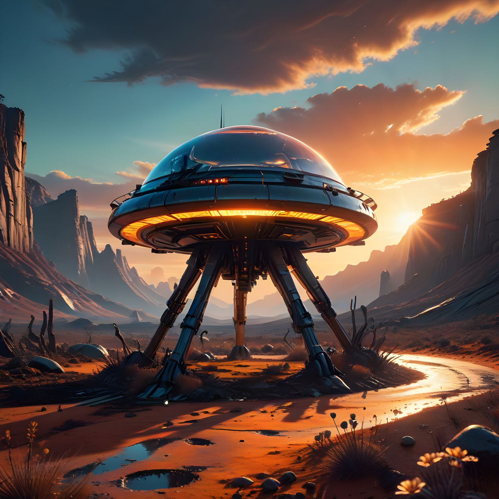 Stargate Portal on Alien Planet with UFO and Glowing Mushroo...