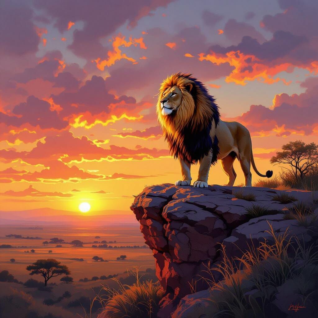Lion Overlooking Savanna at Sunset in Wildlife Art Style