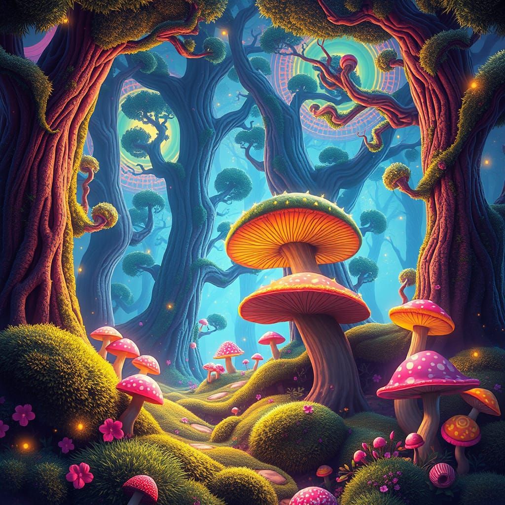 Whimsical Forest Scene in Vibrant Digital Art