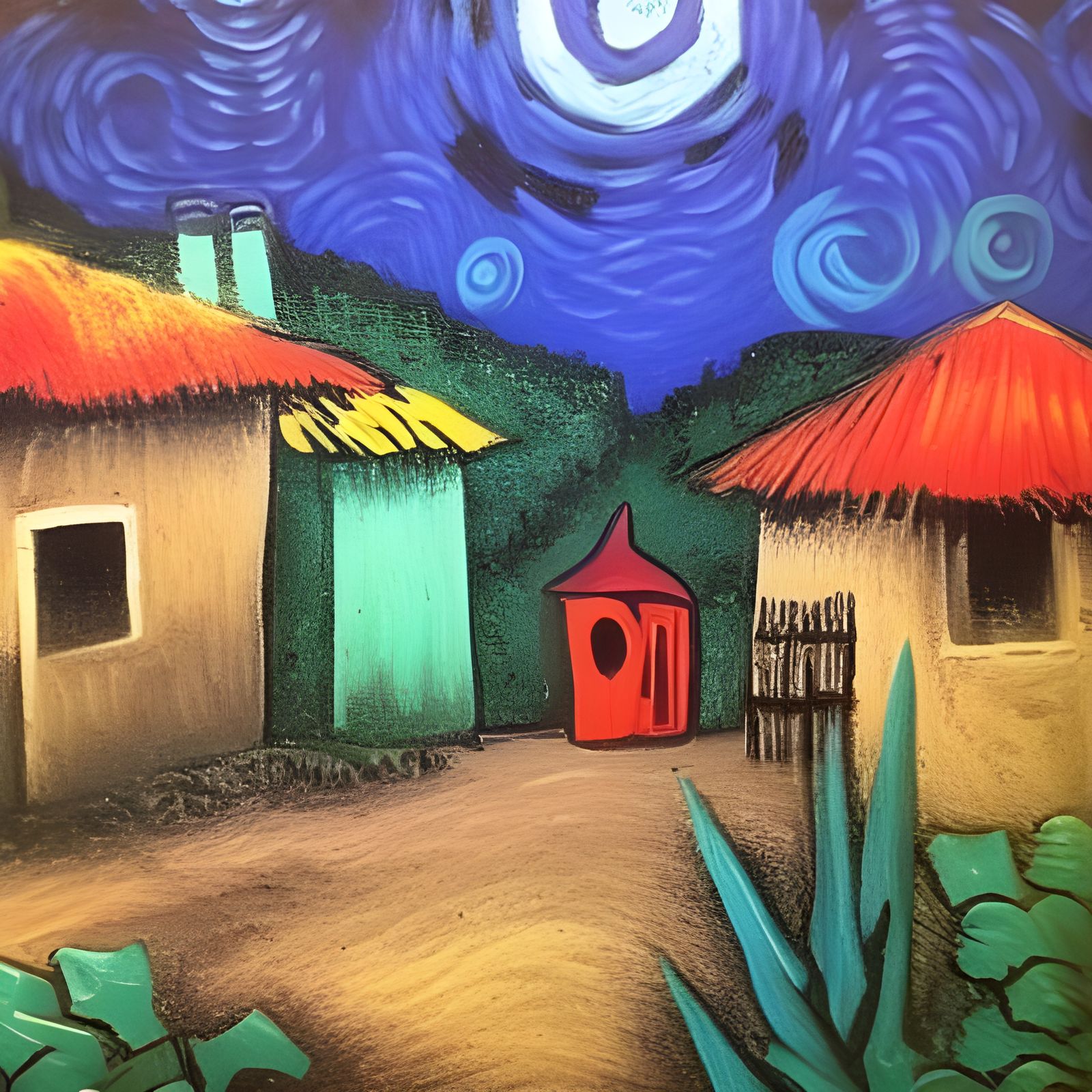 Haitian Village in Monochromatic Gouache Folk Art
