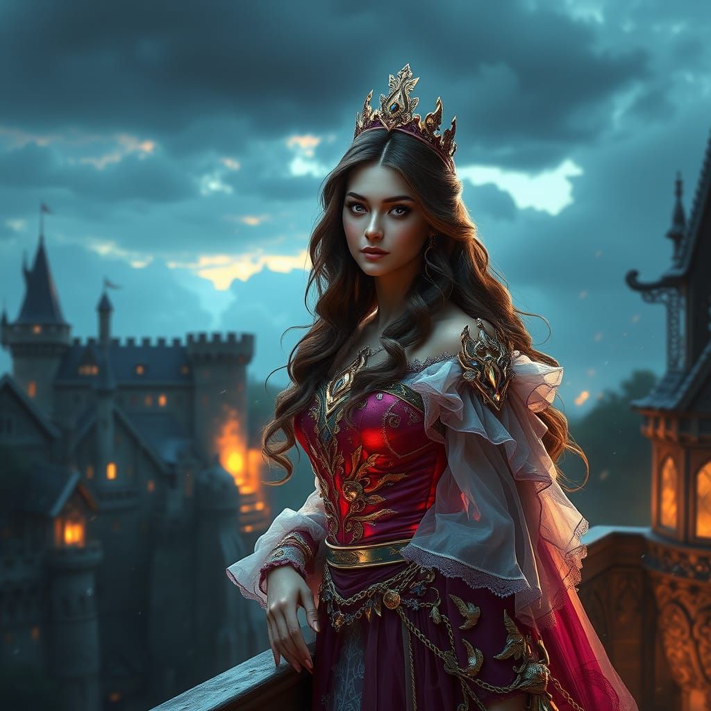 Breathtaking Princess in Regal Splendor on Castle Balcony