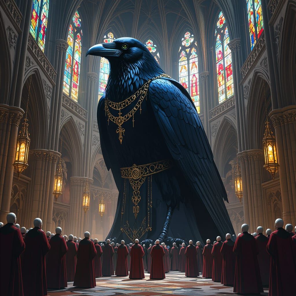 Giant Raven in Cathedral with Tiny Popes
