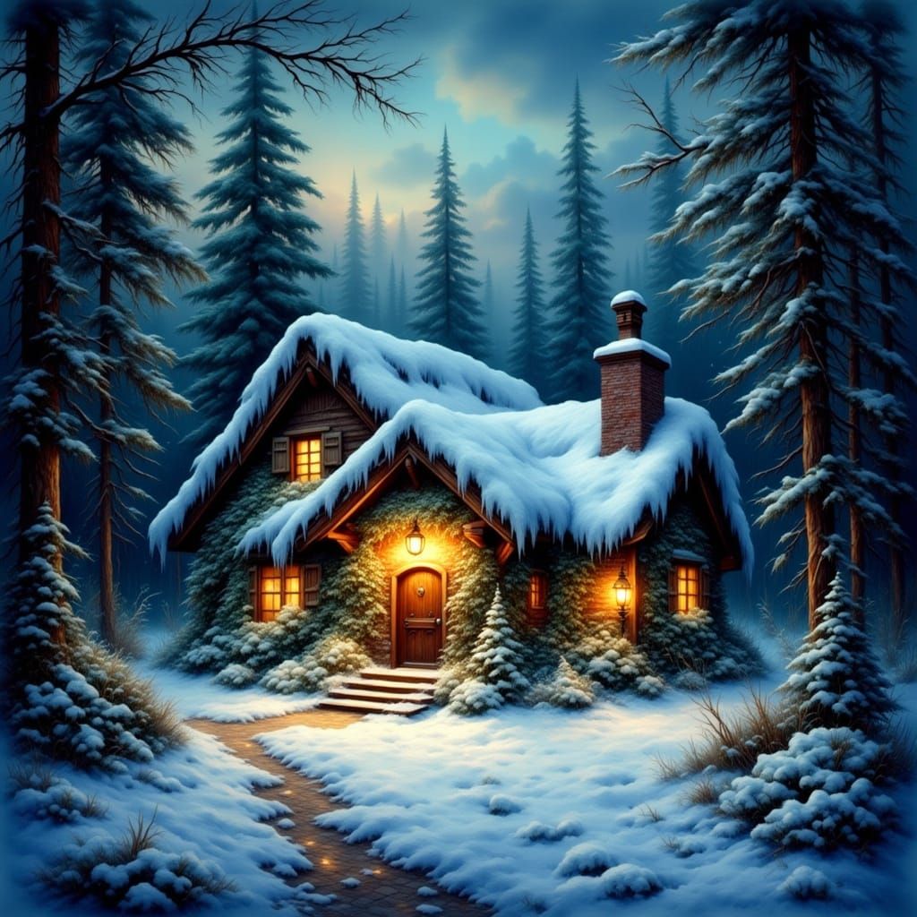 Magical Cottage Amongst Glowing Pine Trees in Watercolor Sty...