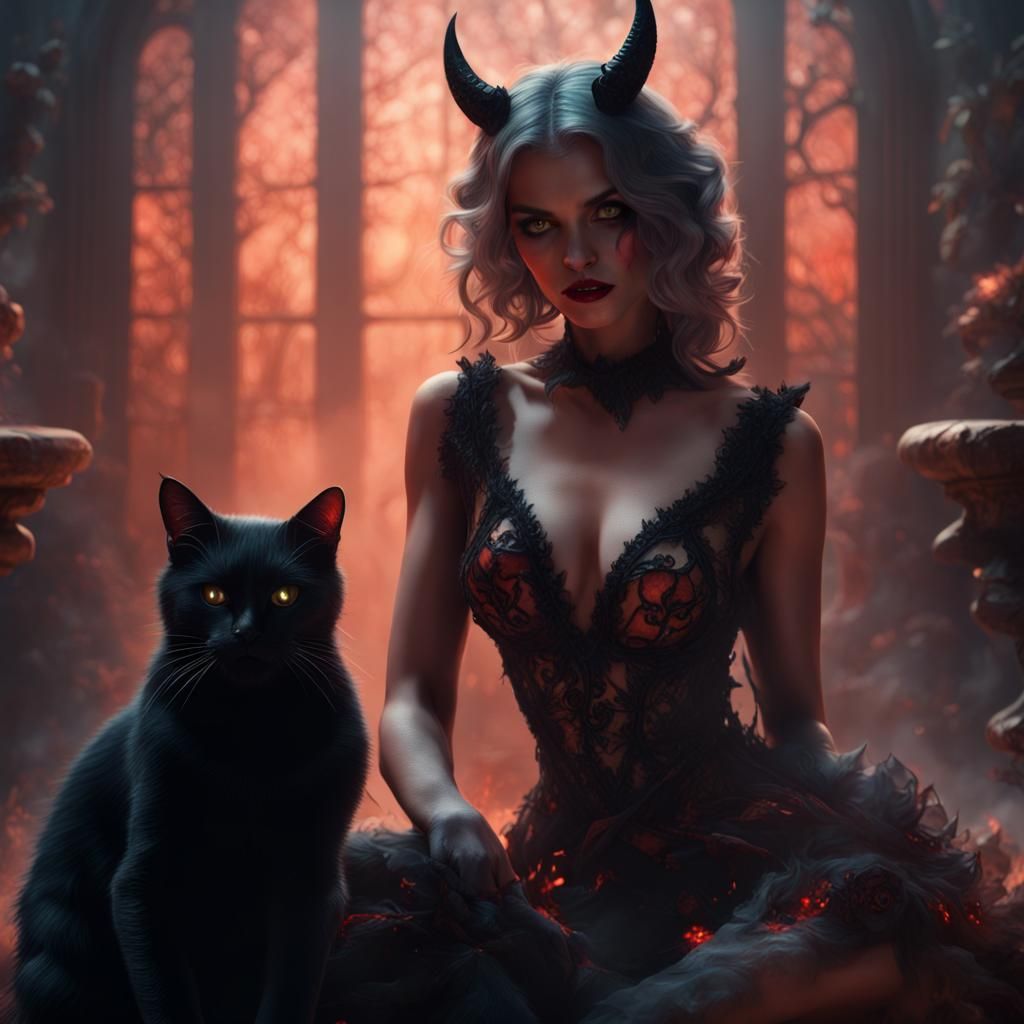 Beautiful Devil Woman with Black Cat in Matte Painting