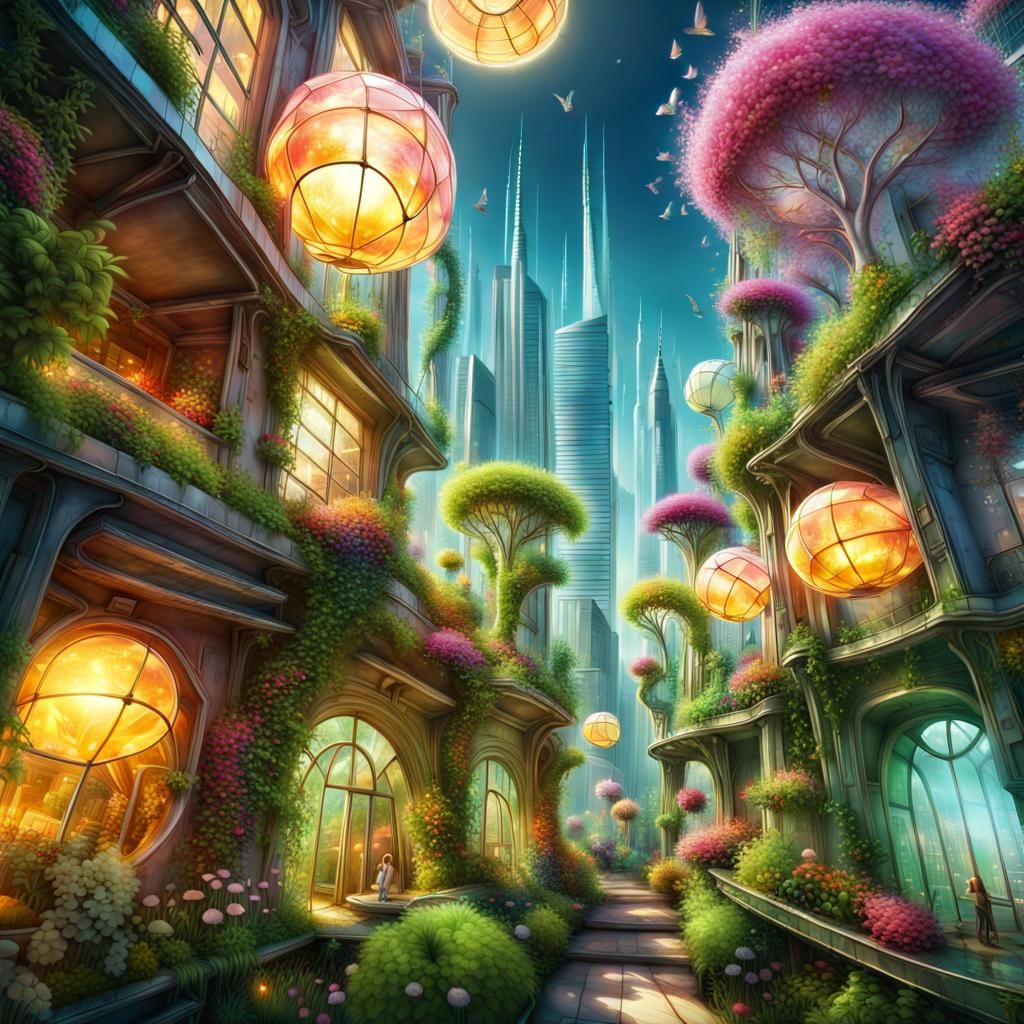 Futuristic Solarpunk Rooftop Garden with Fairies