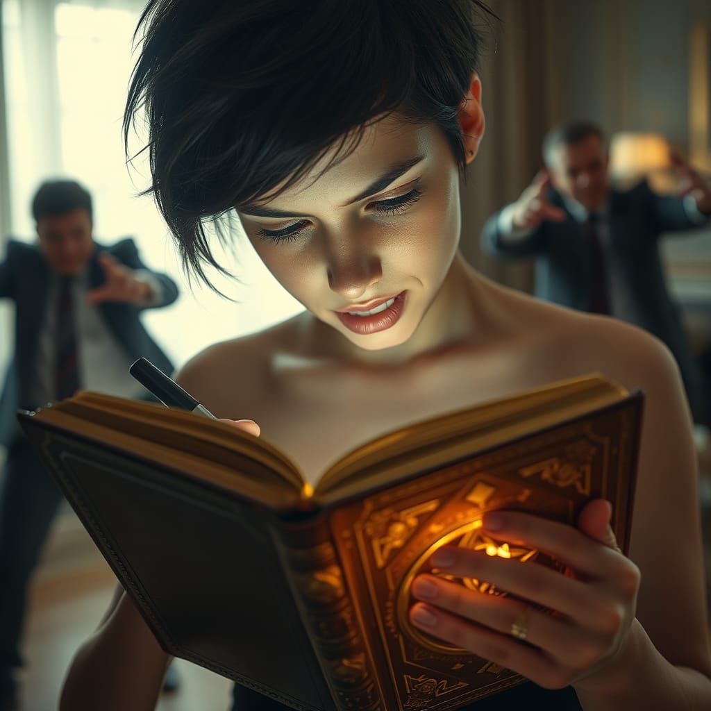 Frantic Woman Writes in Glowing Book