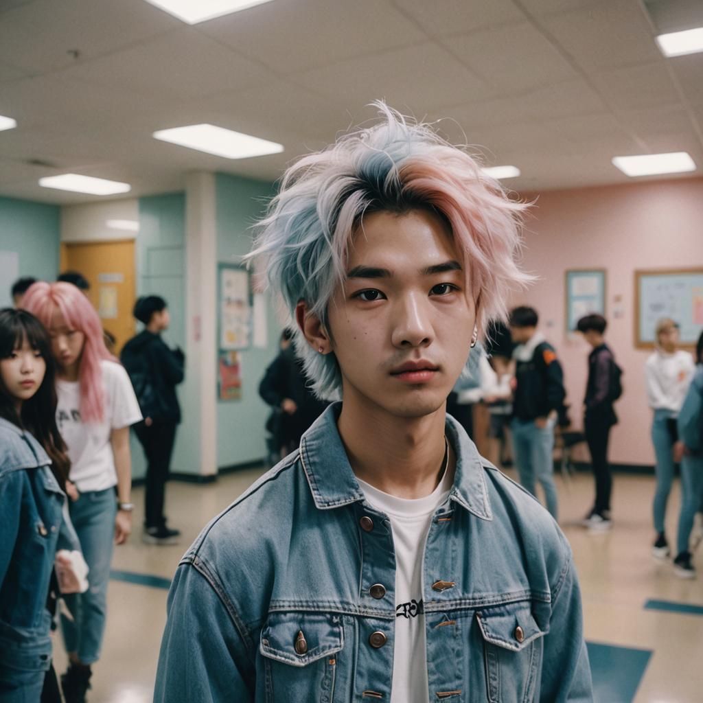 Pastel Hair Student in Jean Jacket: Cinematic Film Still