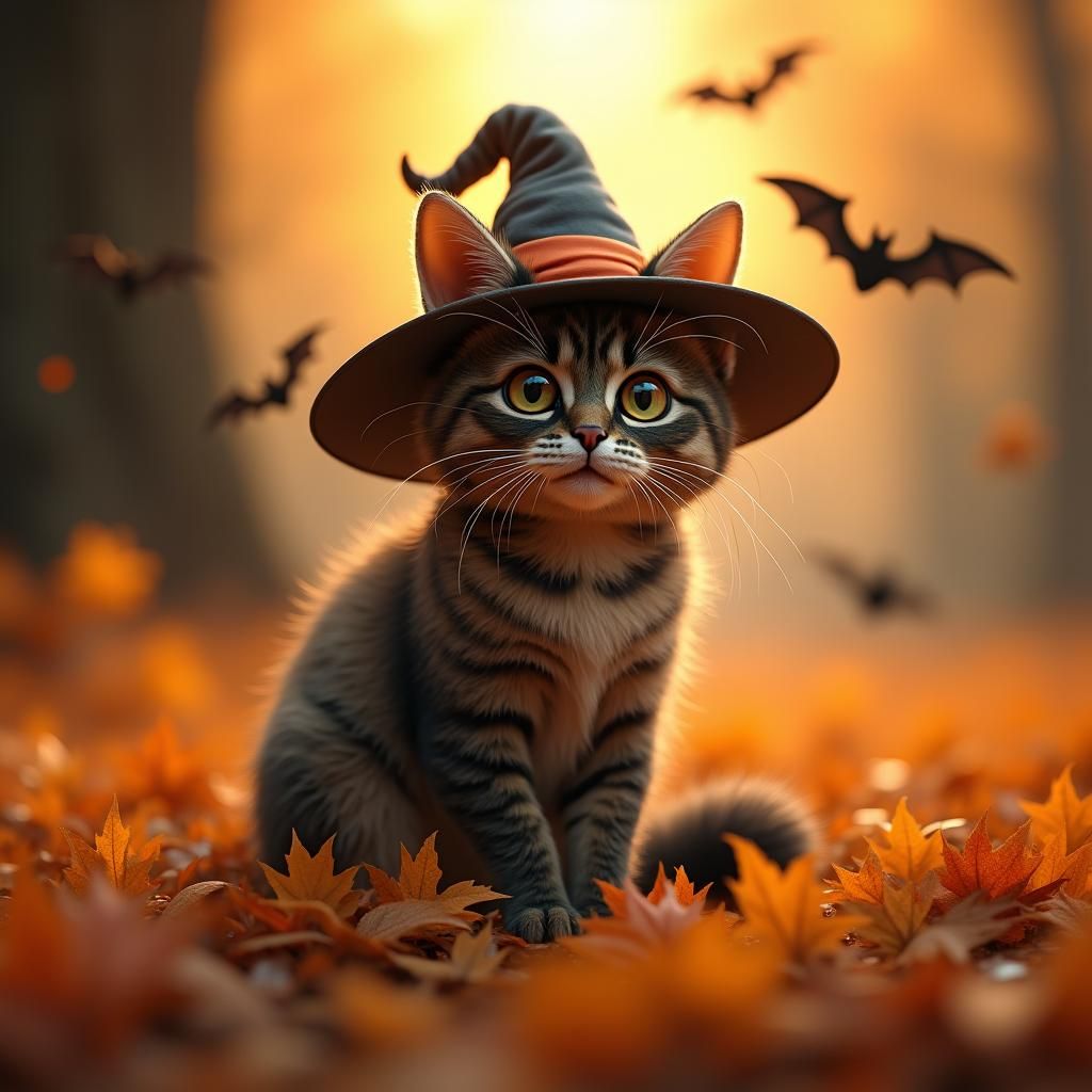 Halloween Cat in Autumn Leaves, Photorealistic Style