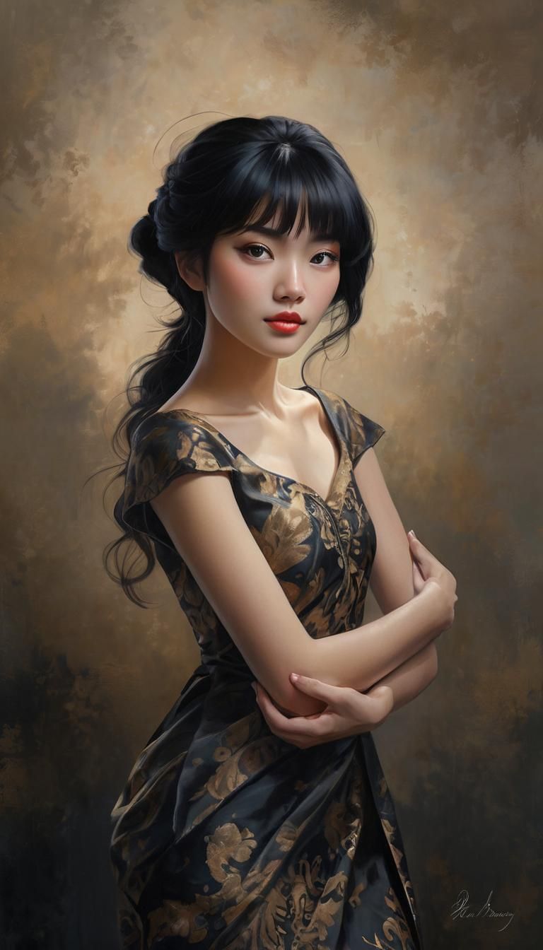 Young Woman in Batik Gown: Oil and Digital Art