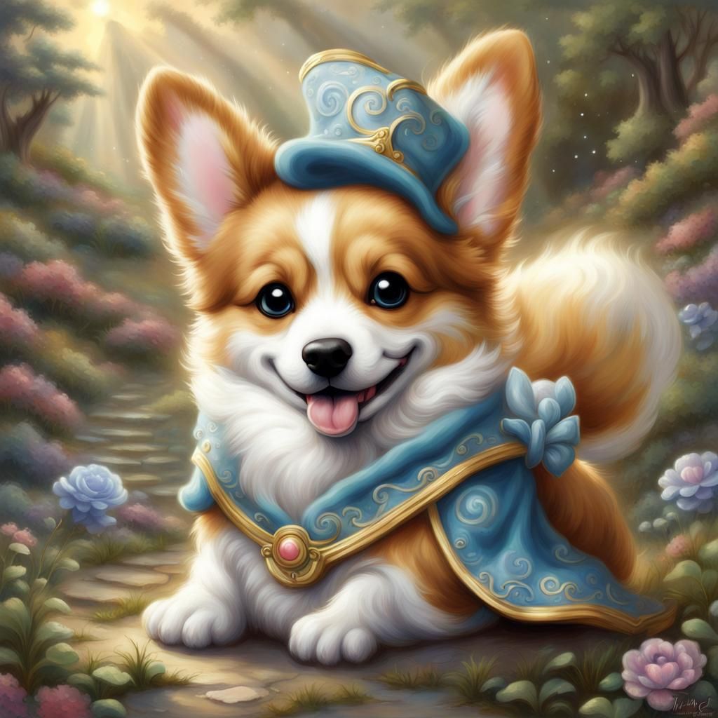 Chibi Corgi in Ethereal Fantasy Landscape