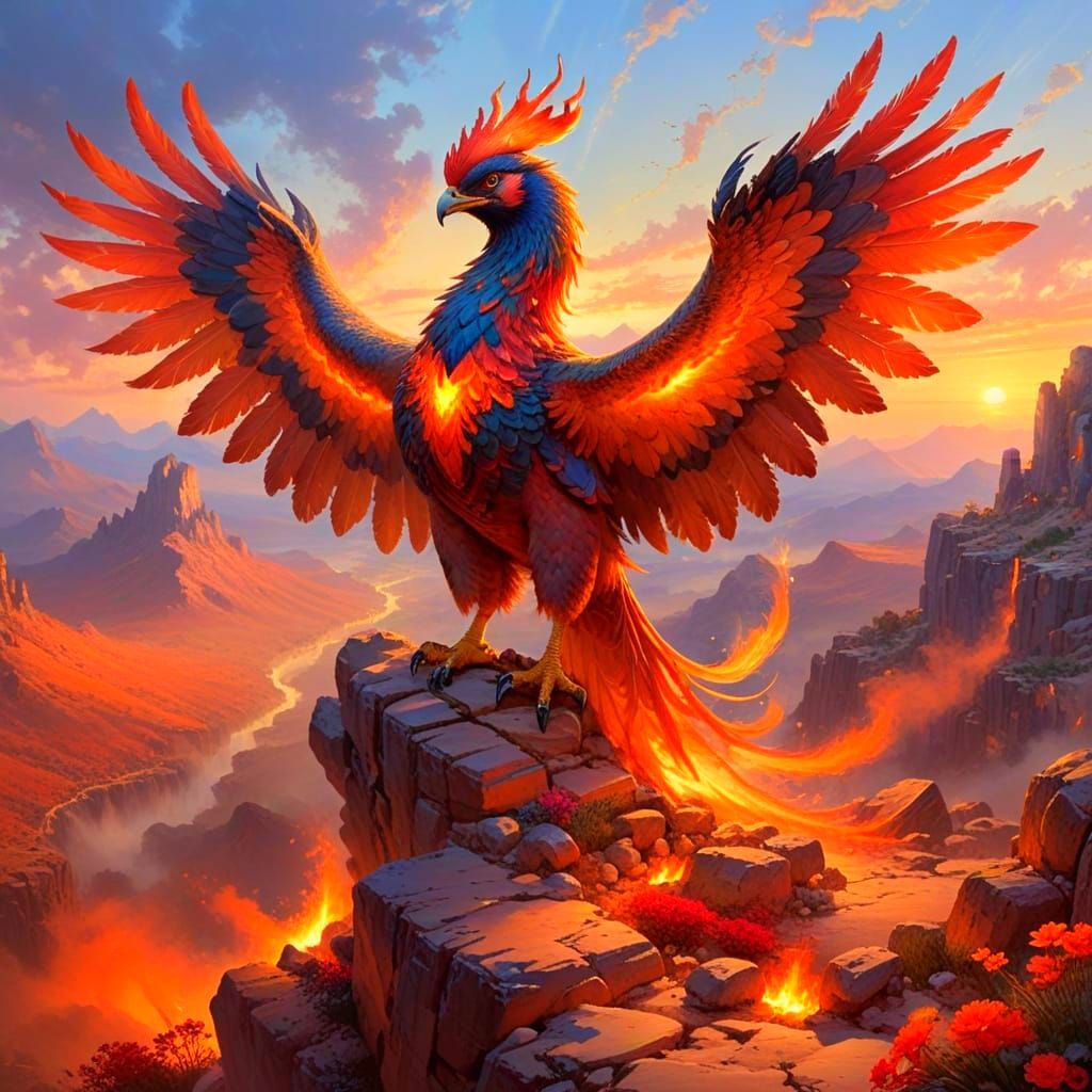 Fiery Phoenix Over Arid Desert at Sunset