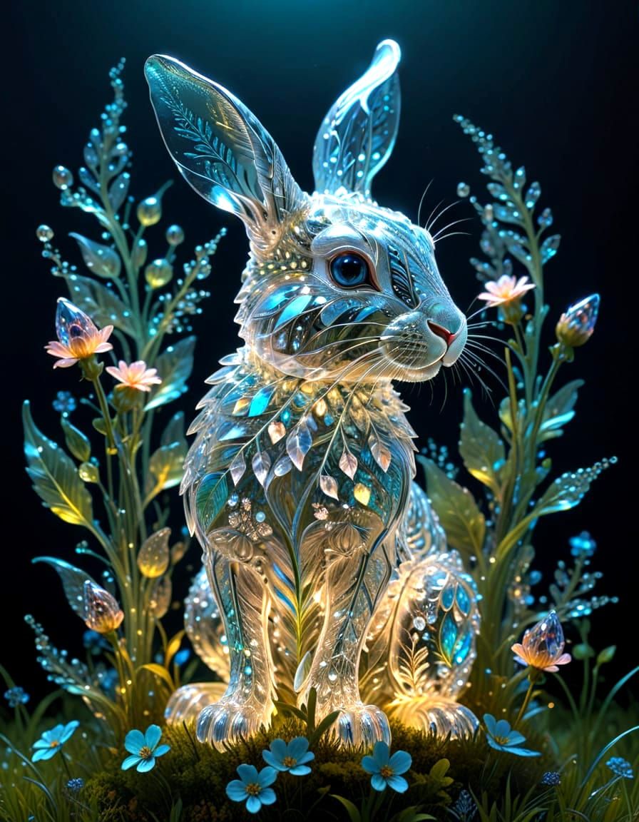 Crystal Rabbit Sculpture Amidst Glowing Flowers