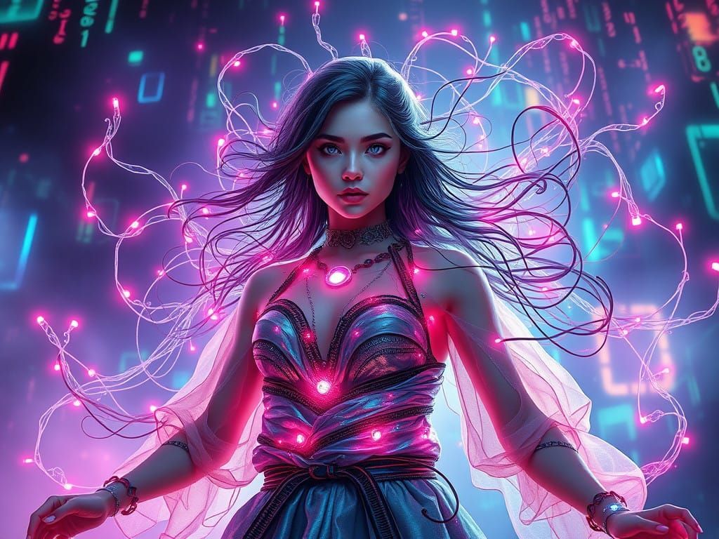 Digital Goddess Emerge from Code in Dreamlike Cyberpunk Atmo...