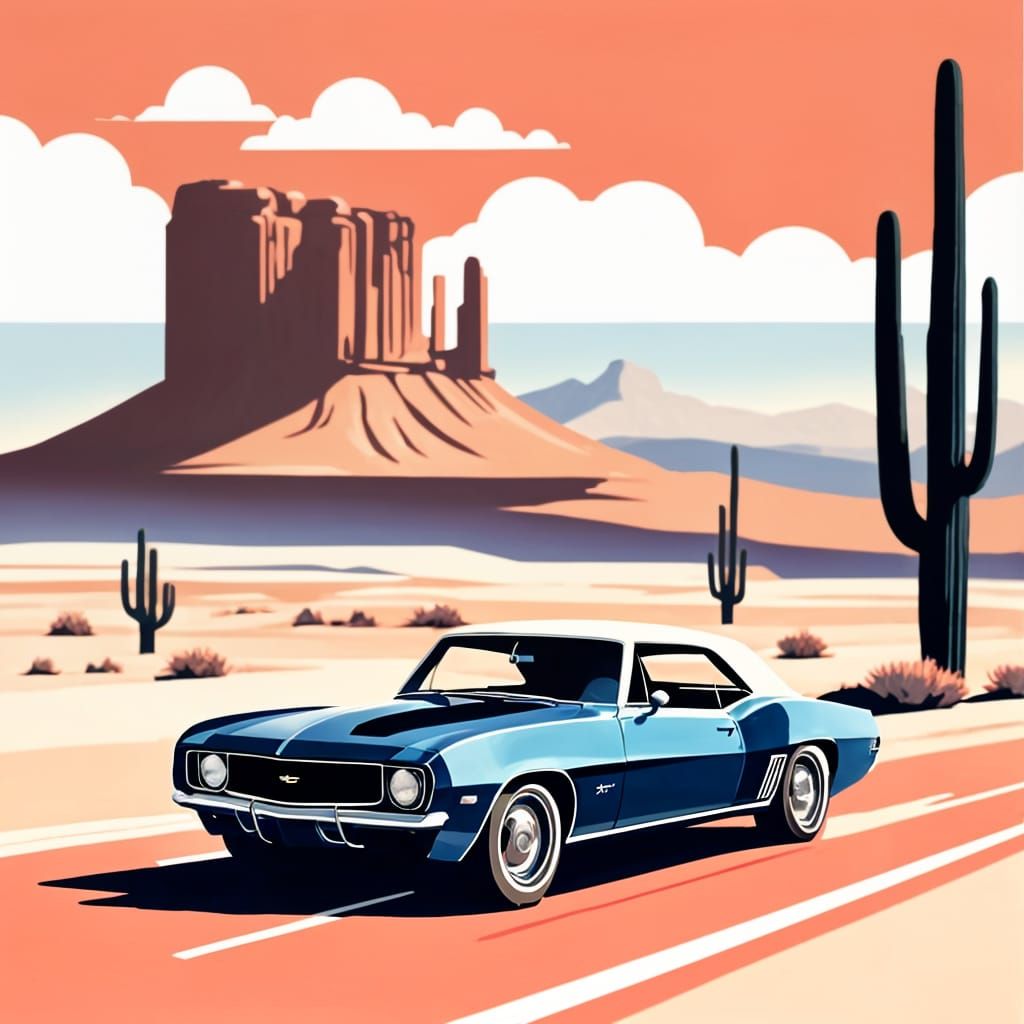 Blue 1969 Camaro in Desert: Vector Illustration