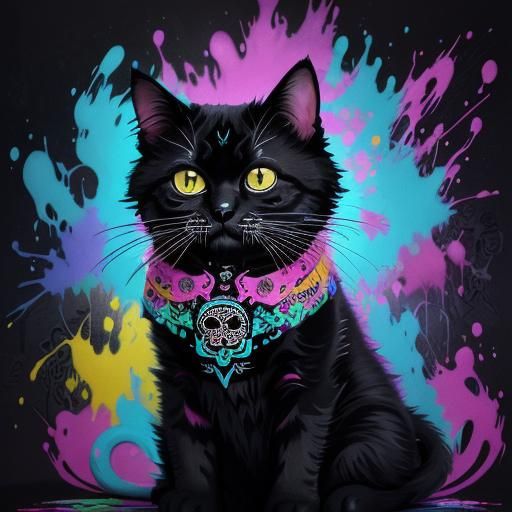 Colorful Sugar Skull Cat in Día de Muertos Graffiti Art