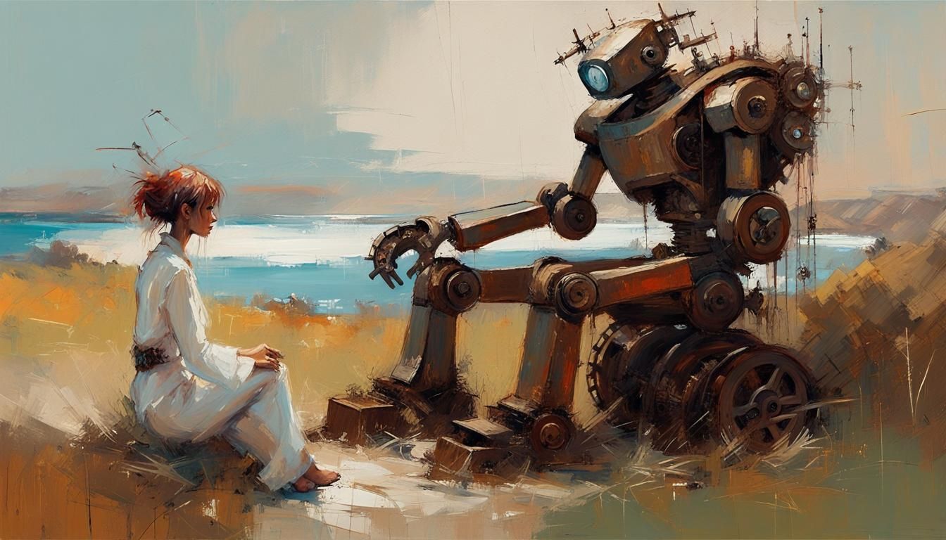 Robot and Village Woman in Rocky Field