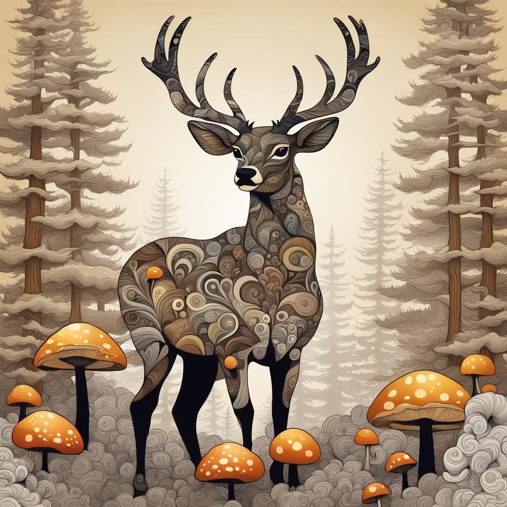 Mushroom Deer in Pine Forest with Fractal Elements