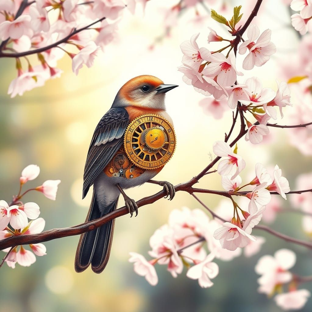 Steampunk Clockwork Bird in Japanese Garden