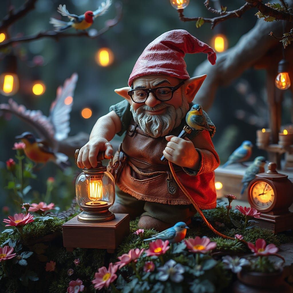 Gnome Tinkering with a Vintage Telephone