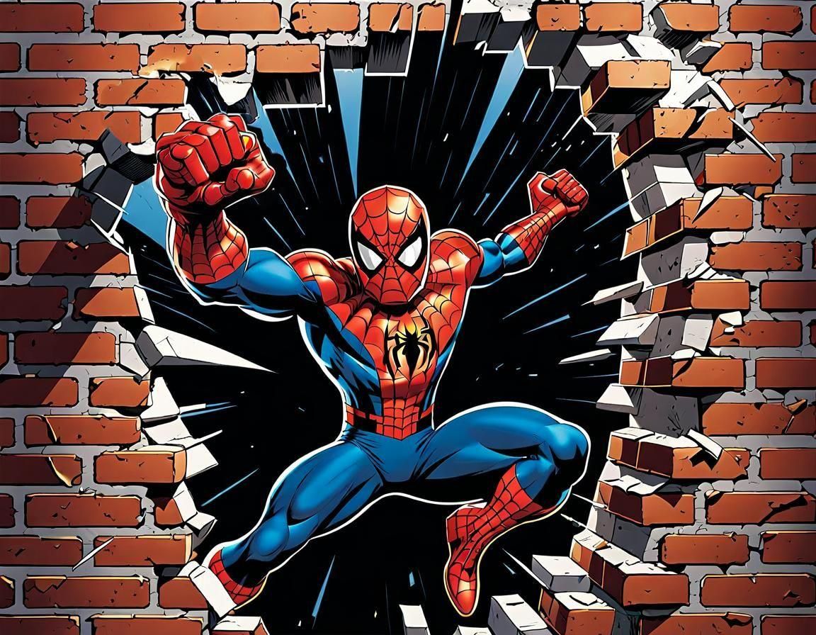 Spider-Man Shatters Brick Wall in Comic Art