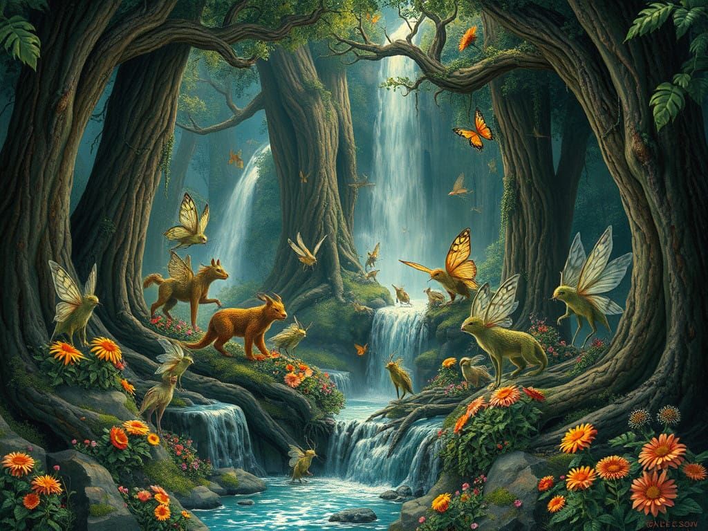 Fantastical Creatures Gather in Whimsical Woodland