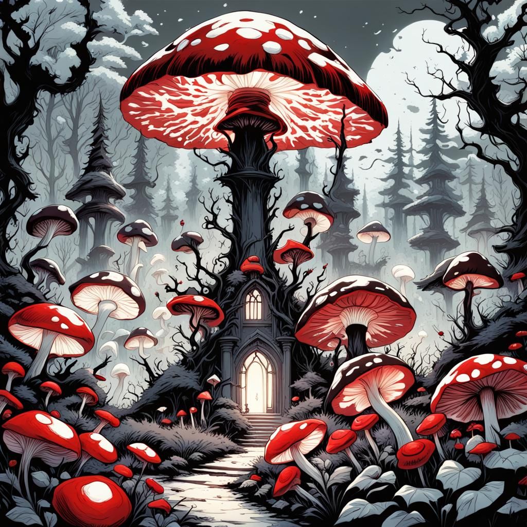 Gothic Victorian Garden with Giant Mushrooms