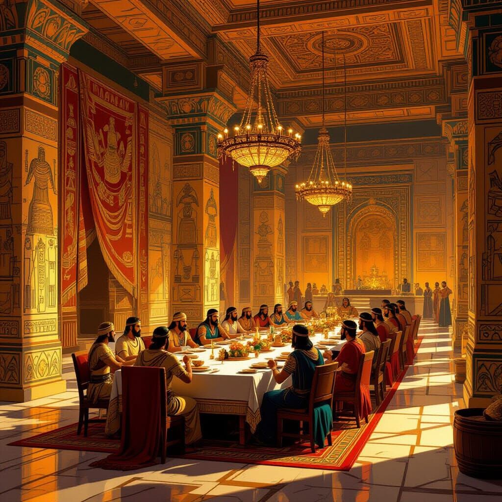 Grand Assyrian Palace Banquet Hall with Golden Light