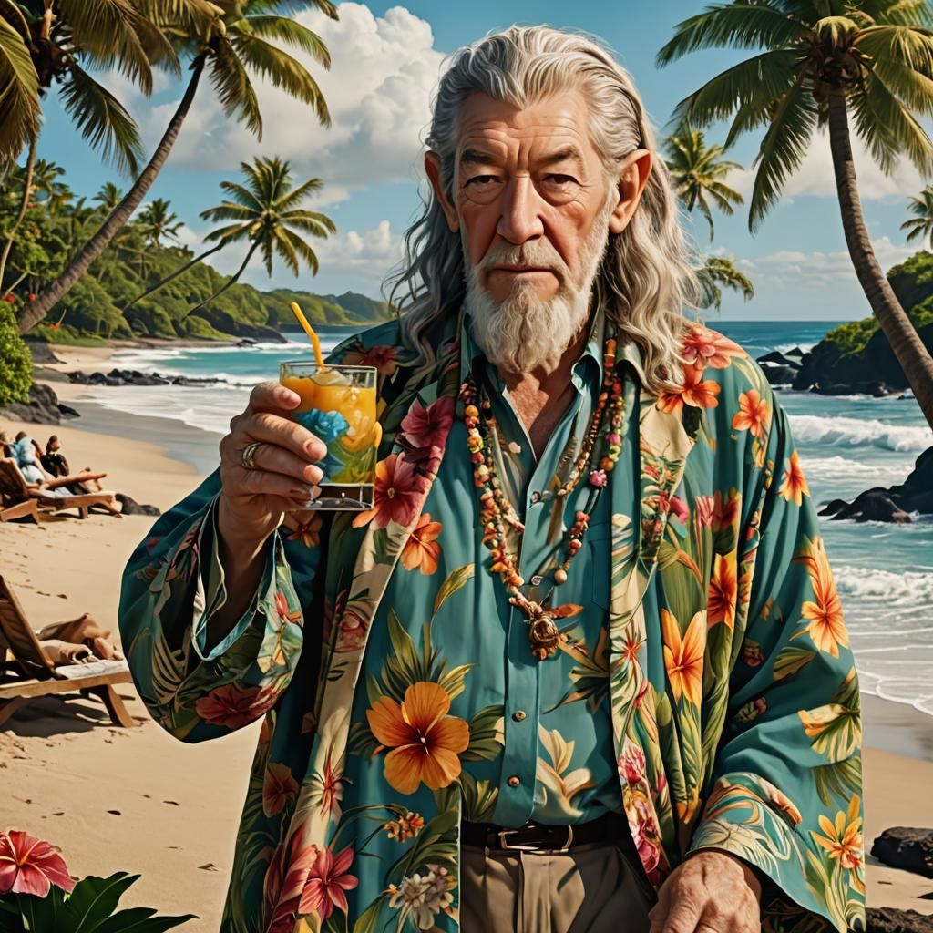 Gandalf on Vacation: Aloha Shirt and Mai Tai
