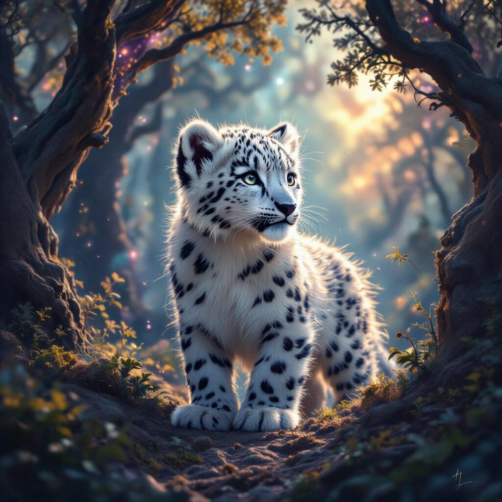 Ethereal Snow Leopard Cub in Cosmic Nebula Forest