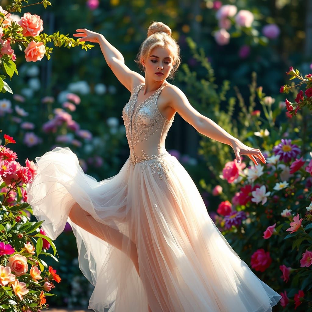 Gymnast in Elegant Ball Gown Performs Elbow Stand in Vibrant...