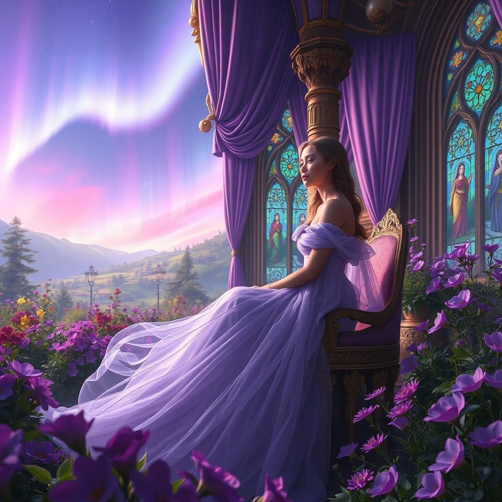 Ethereal Goddess in Lavender Gown Amidst Aurora Borealis