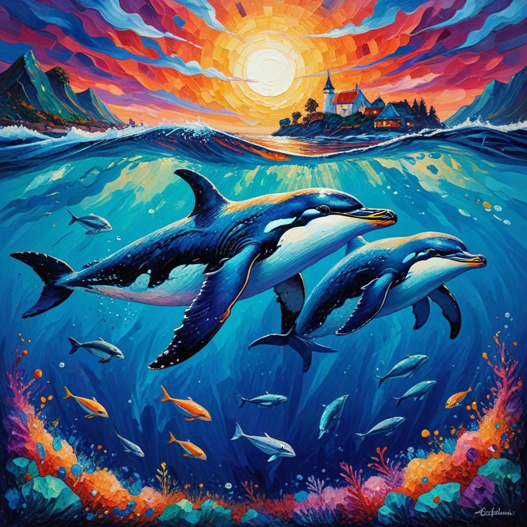 Penguin and Whale Neo-Impressionist Oil Painting