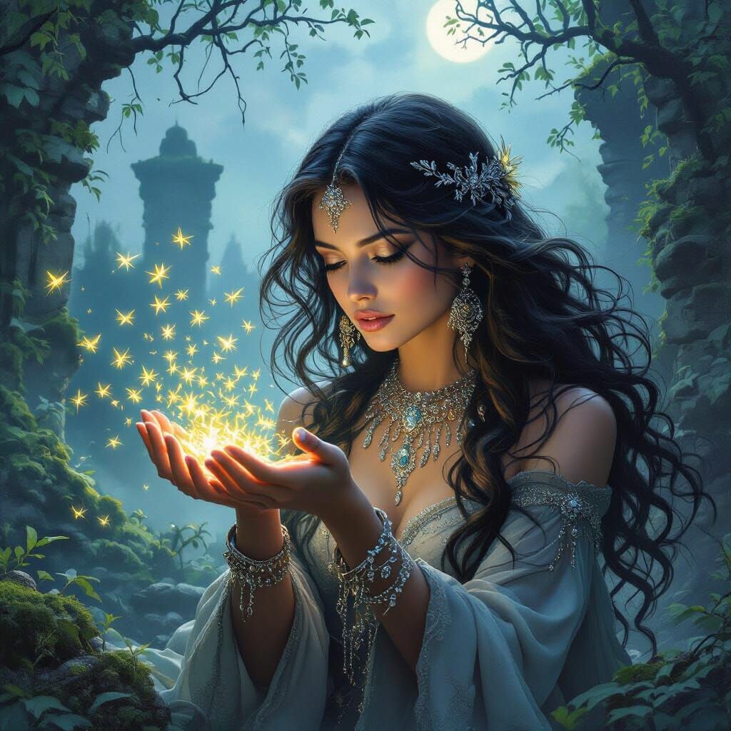 Mysterious Woman Releasing Fireflies in Twilight Forest