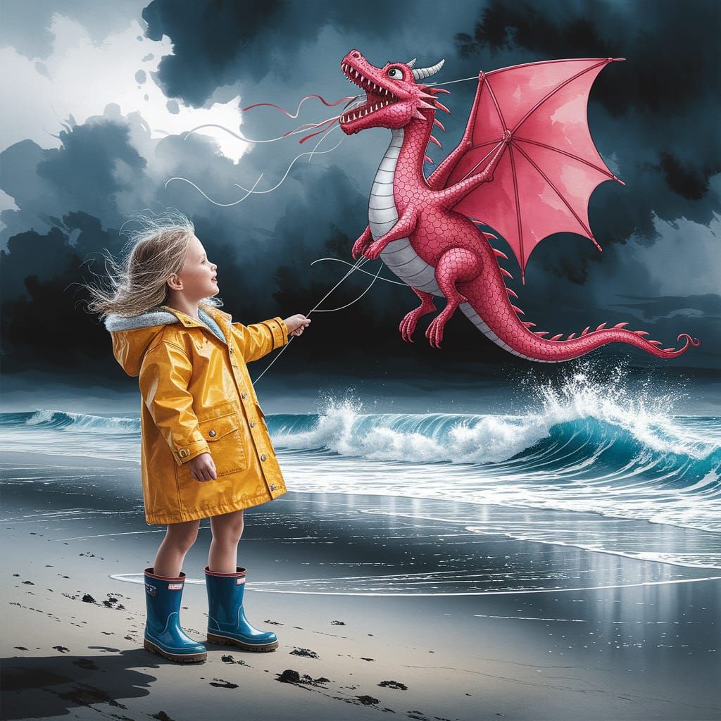 Girl Flying Kite on Stormy Beach in Watercolor