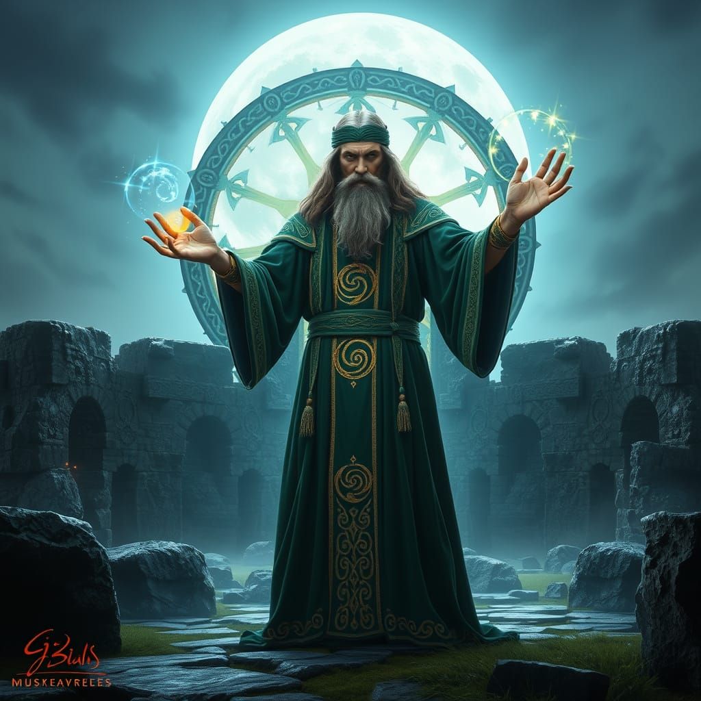Mystical Druidic Wizard Weaves Celtic Sigils in Ancient Ston...