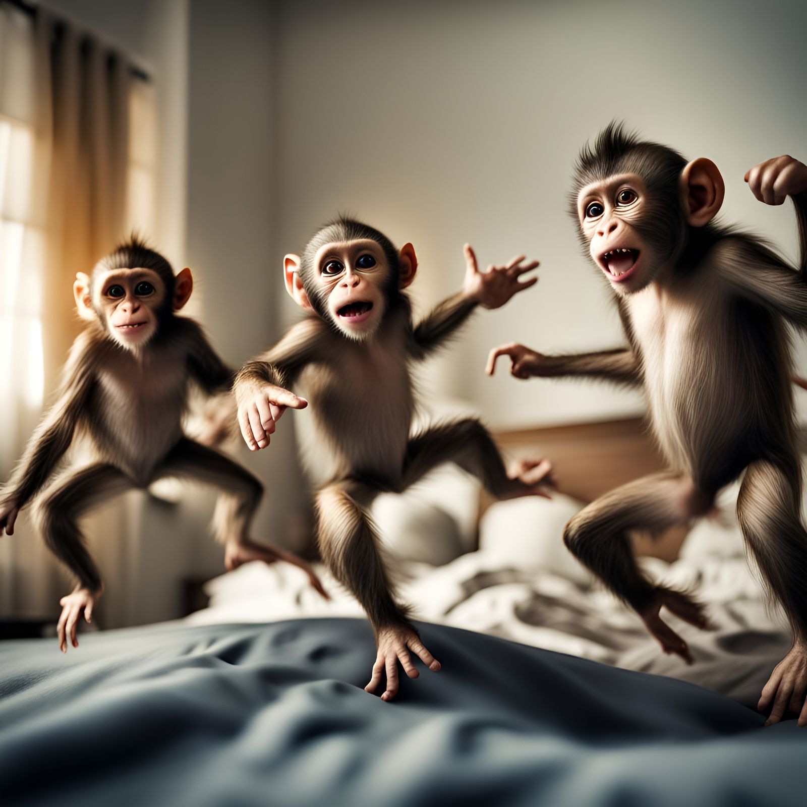 Monkies jumping on a bed