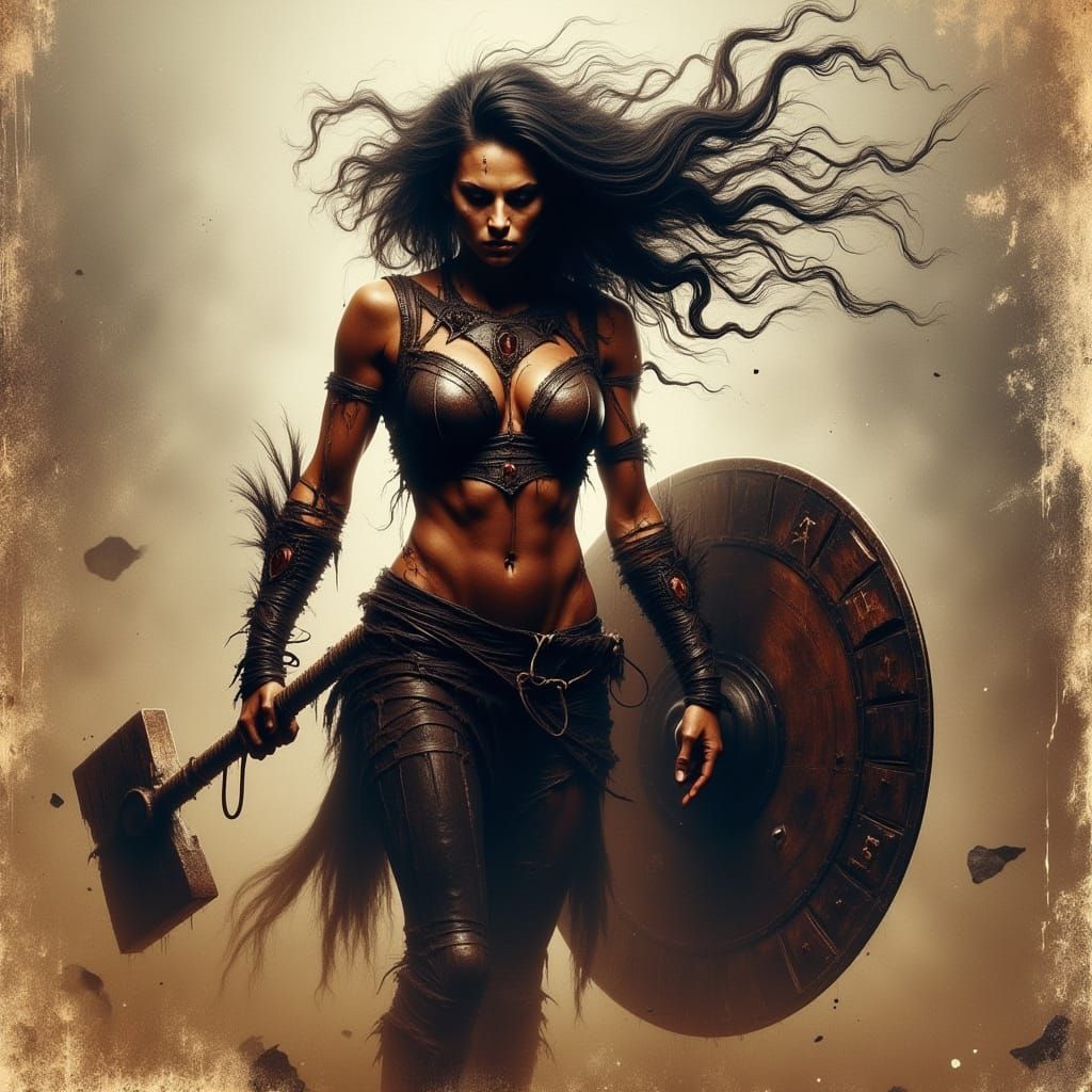 Primal Barbarian Cleric Woman in Leather Armor, Wielding Mas...