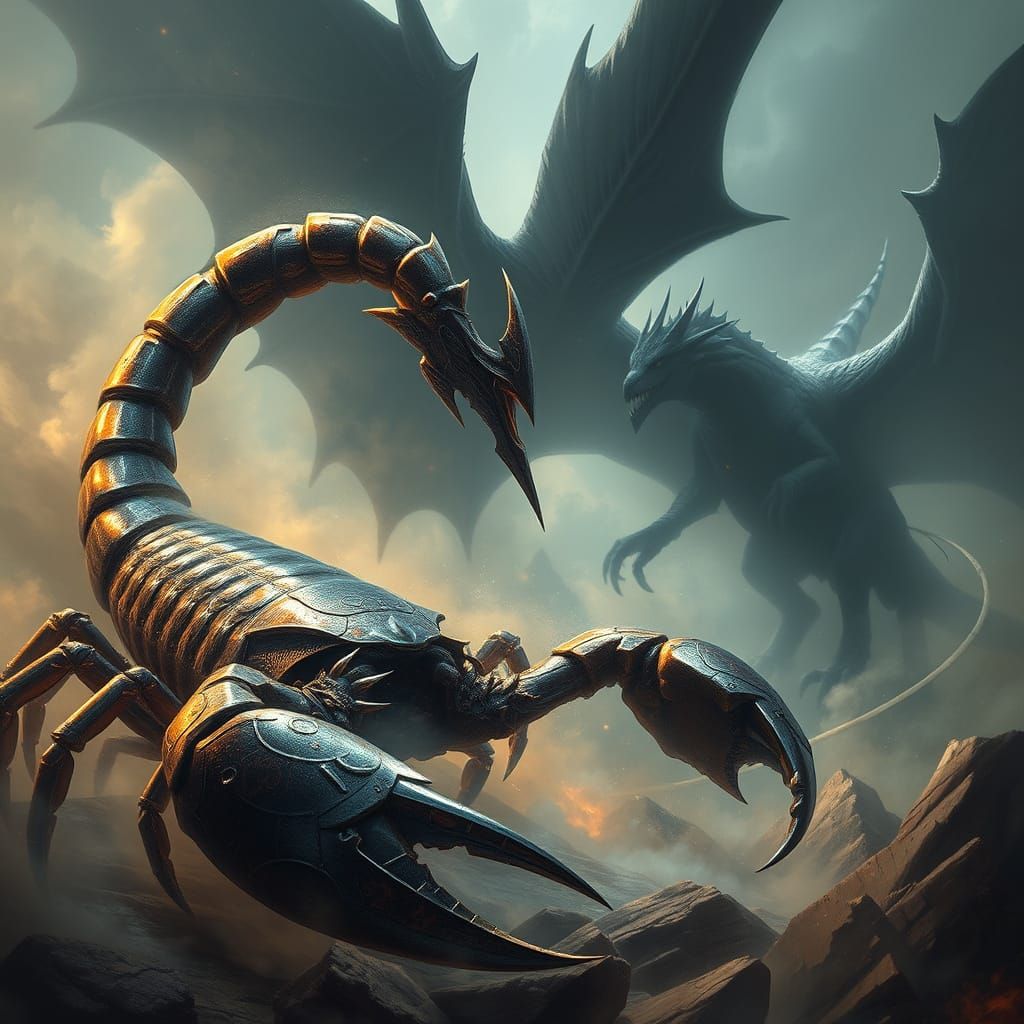 Colossal Scorpion Battles Gargantuan Dragon in Mystical Real...