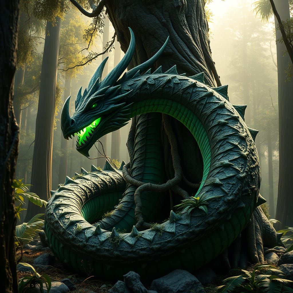 Forest Dragon Protecting Ancient Tree, Hyperrealistic 3D Art
