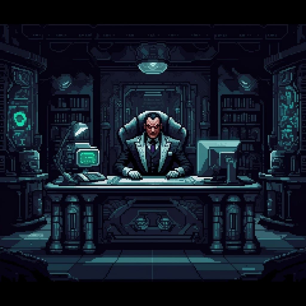 Evil Mastermind in 8-Bit High-Tech Office