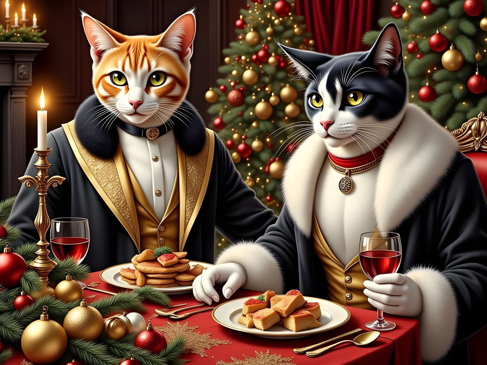 Art Deco Cats Feast on Christmas Eve