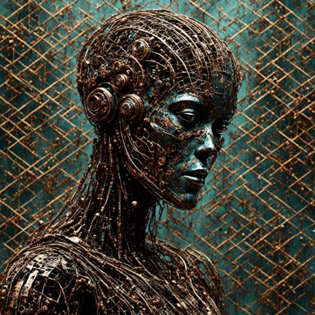 <lora:Patina Metal:1.0> <lora:smak:1.0> <lora:Scaffold:1.0> A 3d grid made of metal with magical surprises. Beautiful